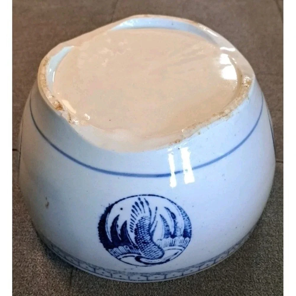Vintage Chinese Blue & White Crane Motif Porcelain Rice Bowl w/Lid